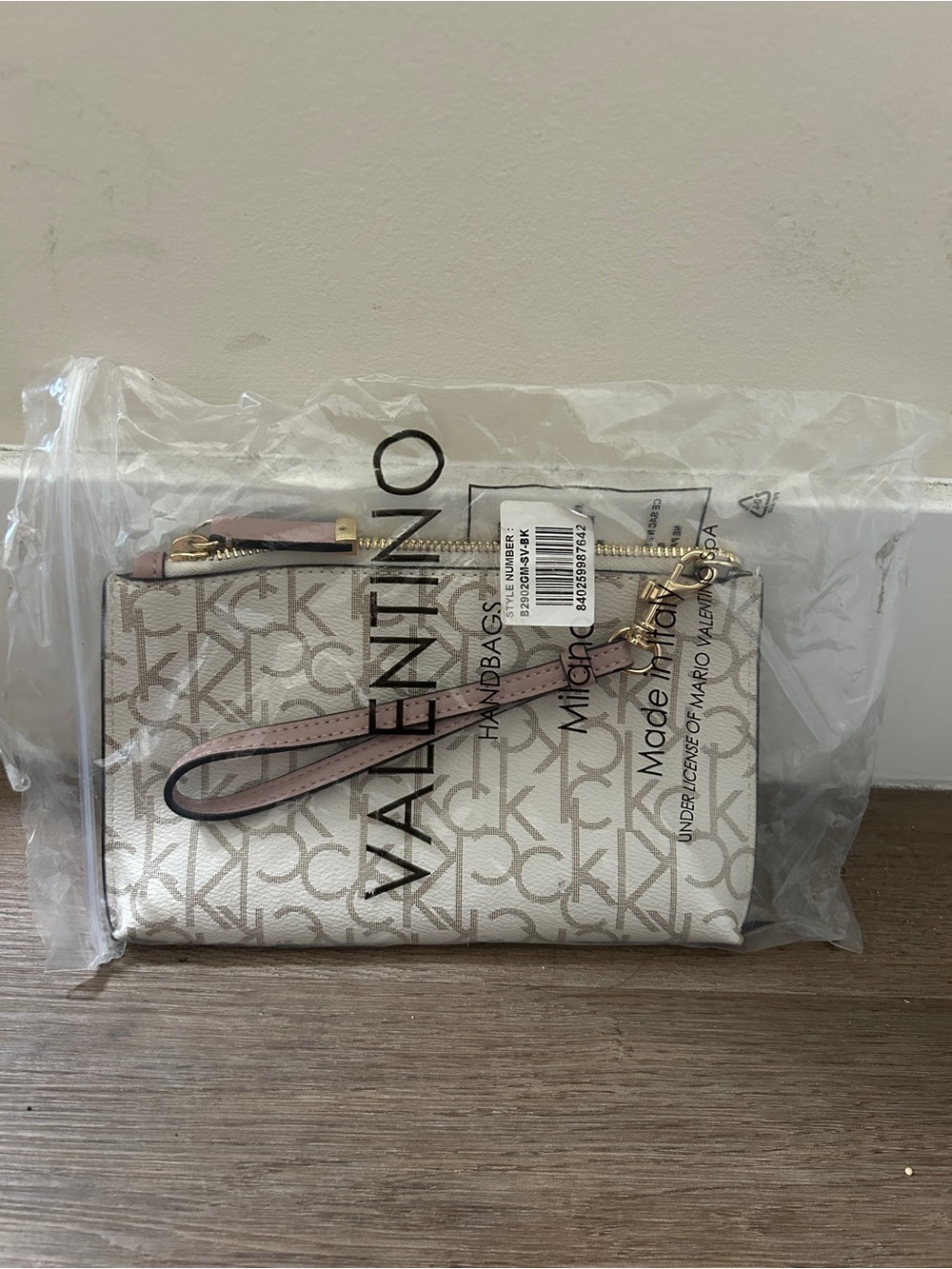 Valentino Beige Logo Wristlet with Pink Strap and Gold Hardware